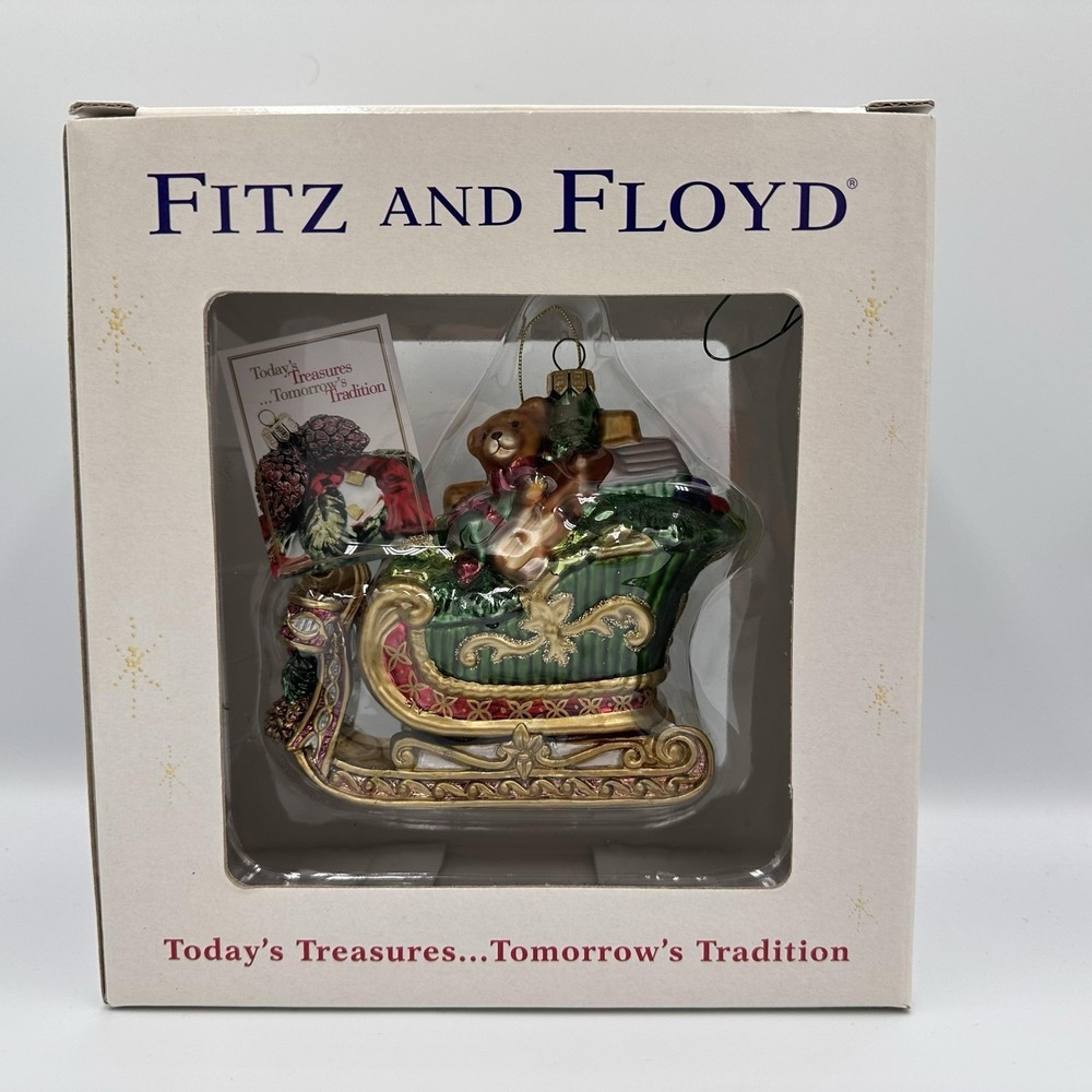 Fitz And Floyd Glass Christmas Tree Sleigh Ornament Teddy Bear Gifts Green Box‎